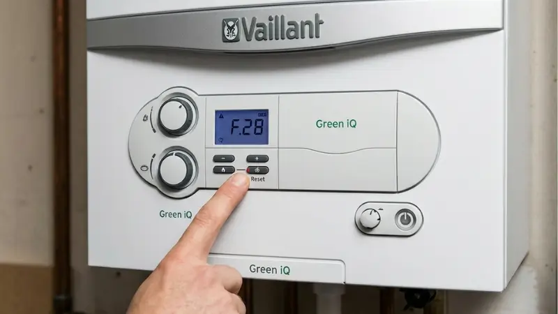 Vaillant ecoTEC exclusive boiler reset screen showing F28 error and reset option on digital display