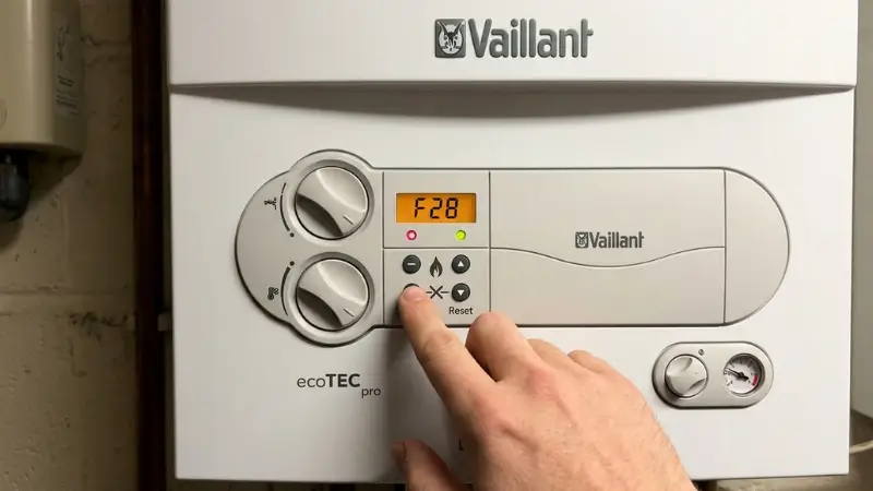 Vaillant ecoTEC pro boiler reset dial and button location on control panel showing how to reset F28 error