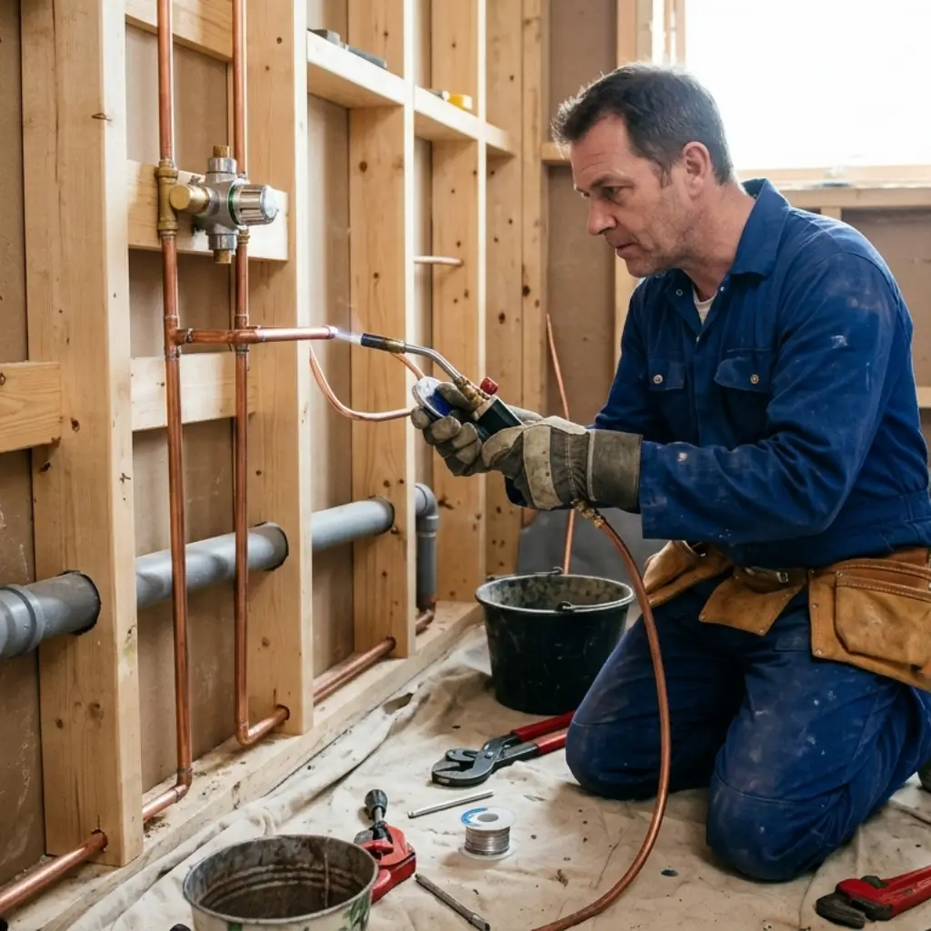 professional plumber installing bathroom plumbing system in Derby