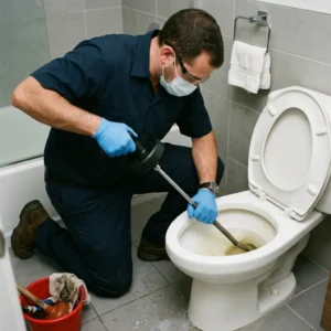 using toilet auger drain snake to remove deep blockage