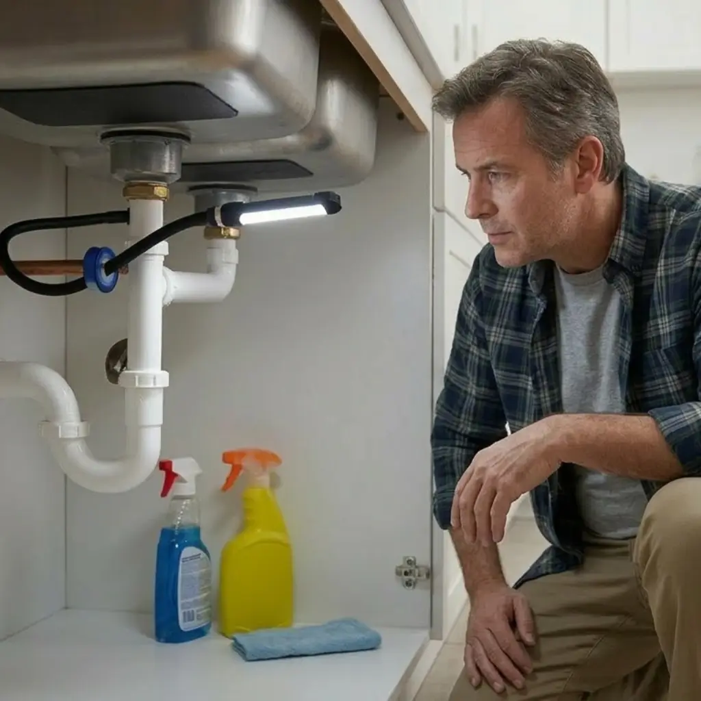 checking plumbing pipes under kitchen sink for leaks